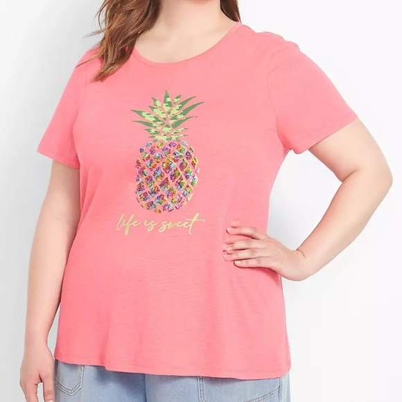 Lane Bryant Hot‎ Pink Pink Graphic Tee With Glitter Pineapple Size 14/16 - Picture 1 of 5